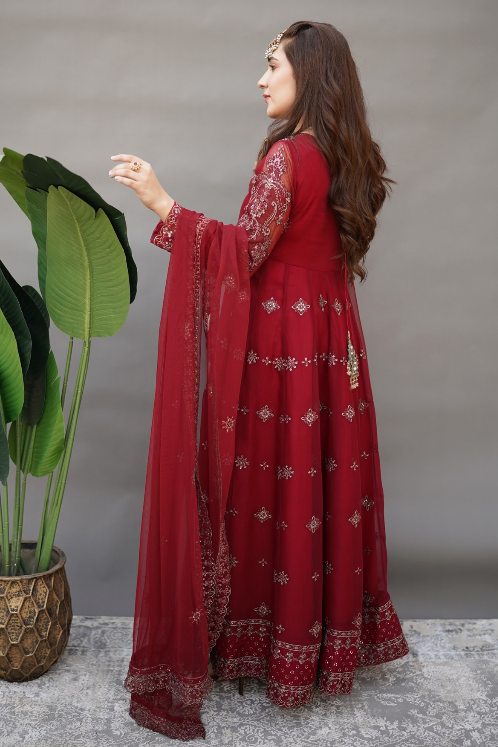 Esra Stitched 3 Piece Luxury Formals Collection-Maroon Chiffon - EMS-23-01