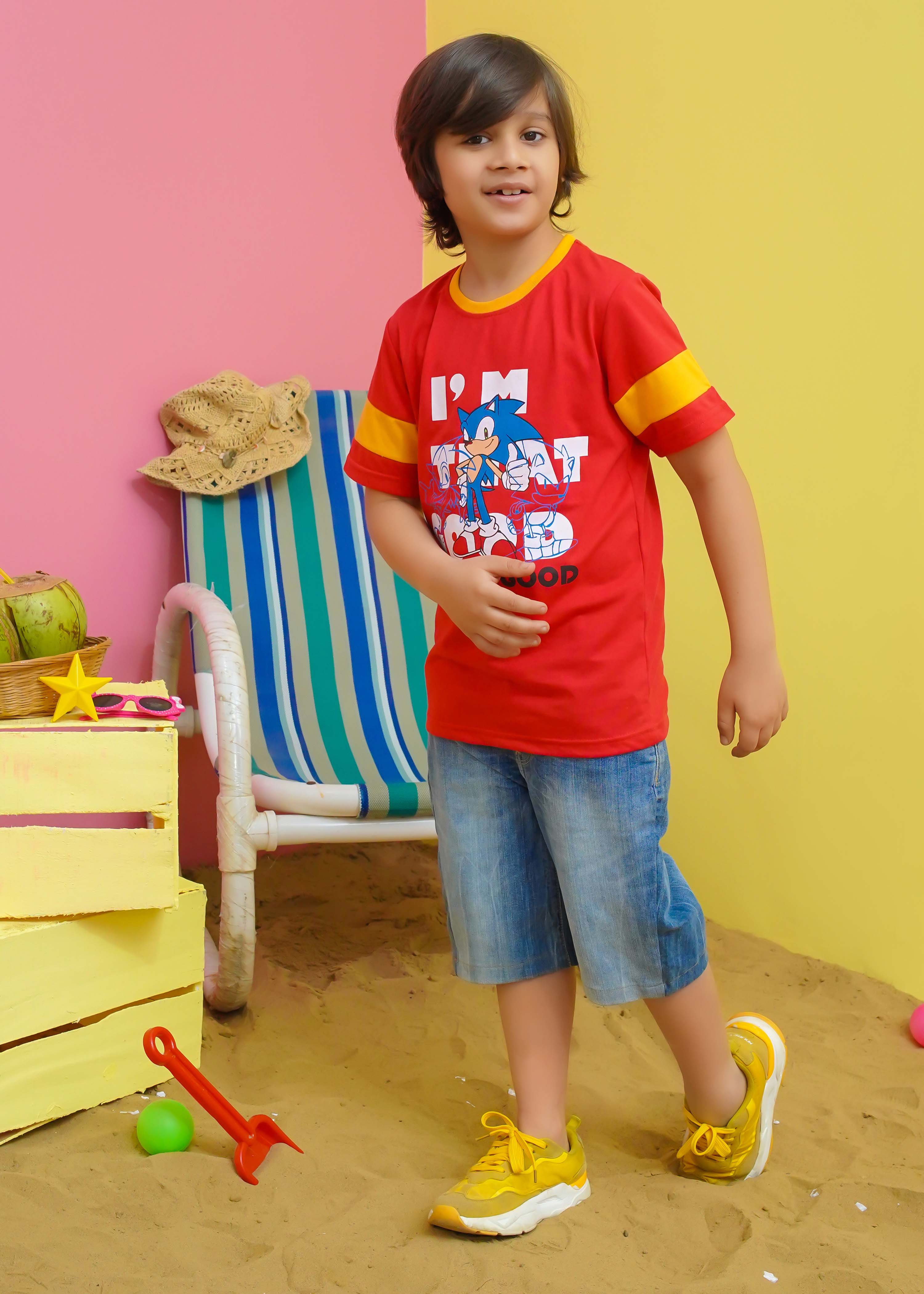 Modest Stitched Summer Kids Collection'2024-Sonic Graphic Tee - Red