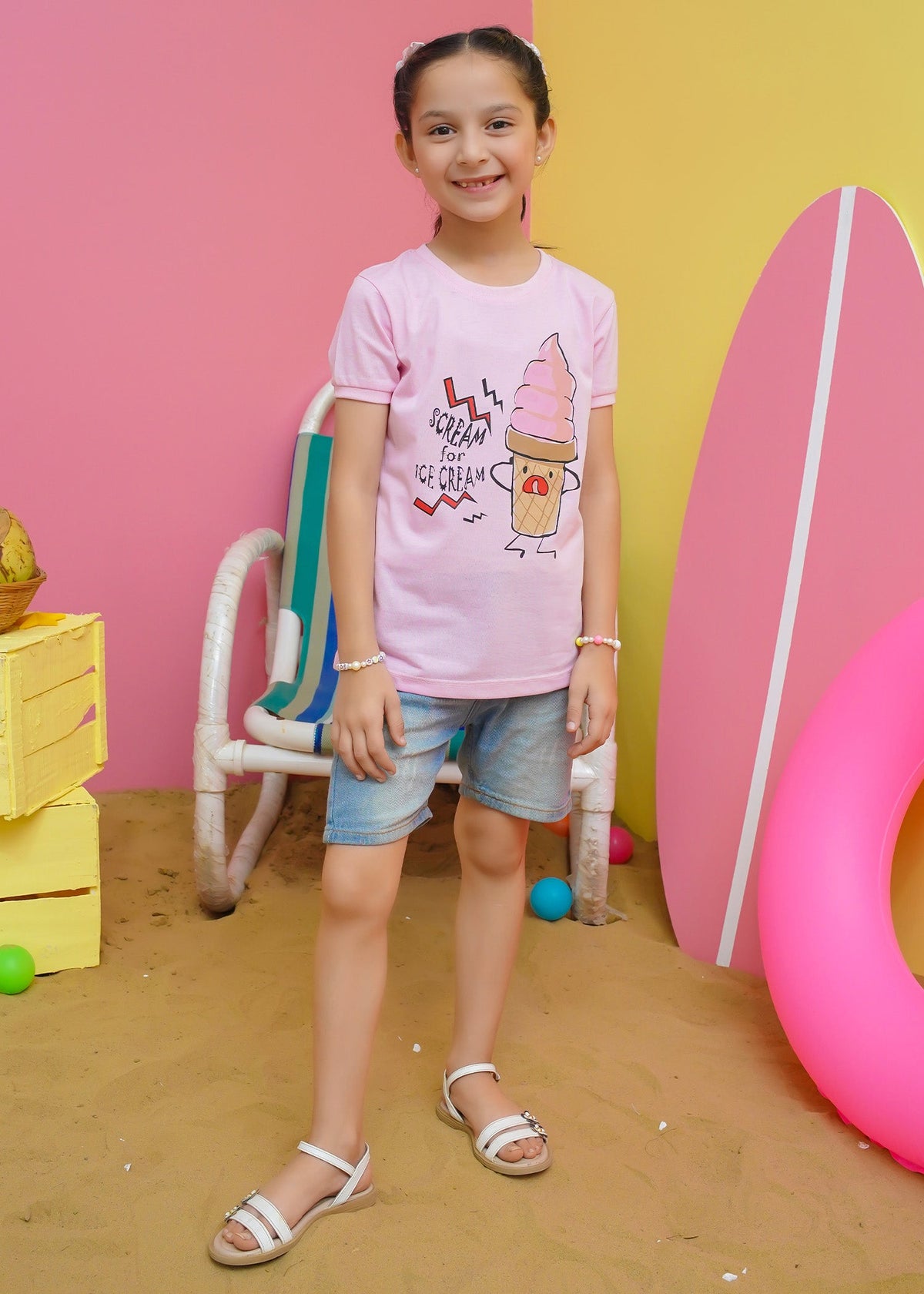 Modest Stitched Summer Kids Collection'2024-Ice Cream Graphic Tee - Pink