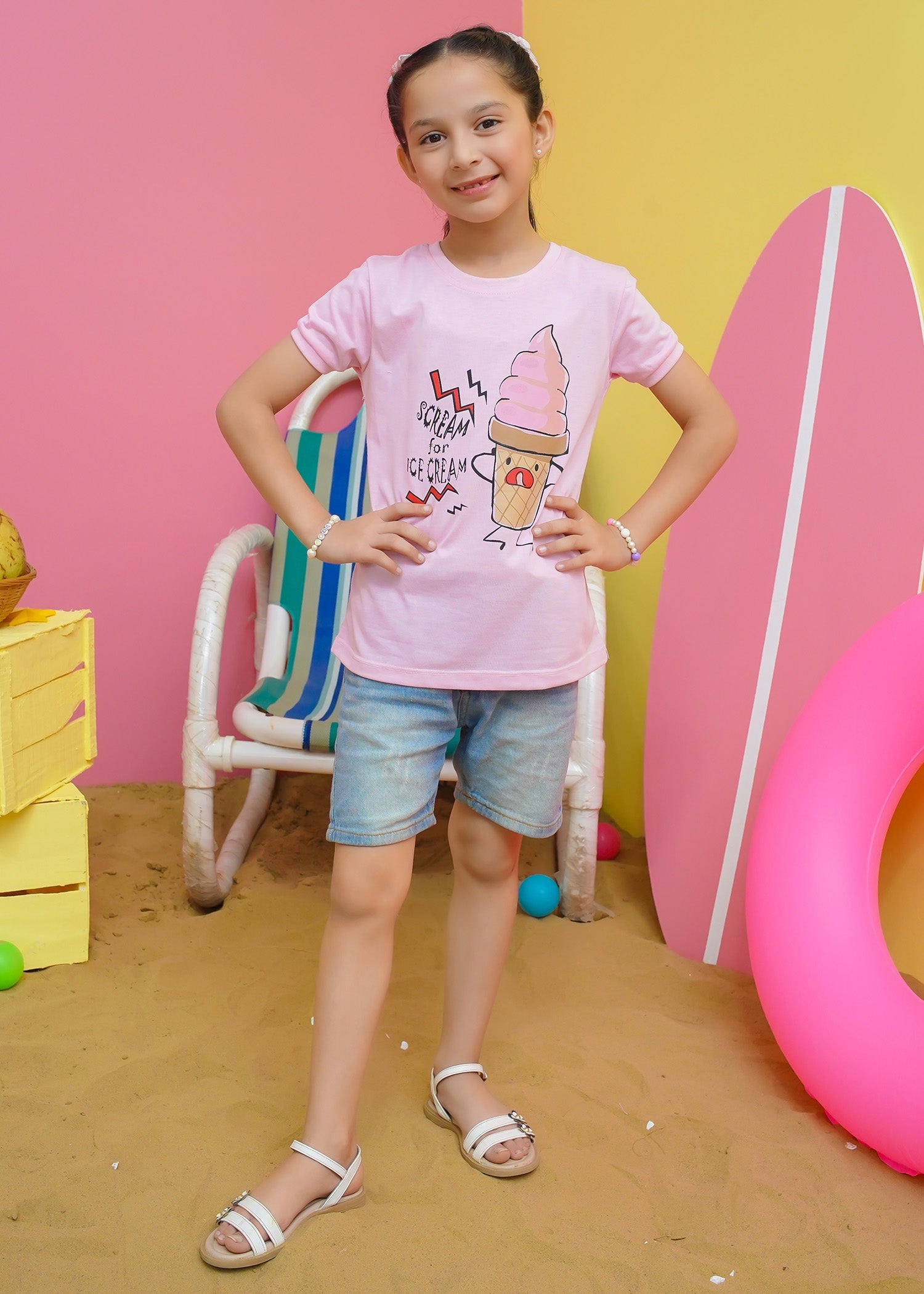 Modest Stitched Summer Kids Collection'2024-Ice Cream Graphic Tee - Pink