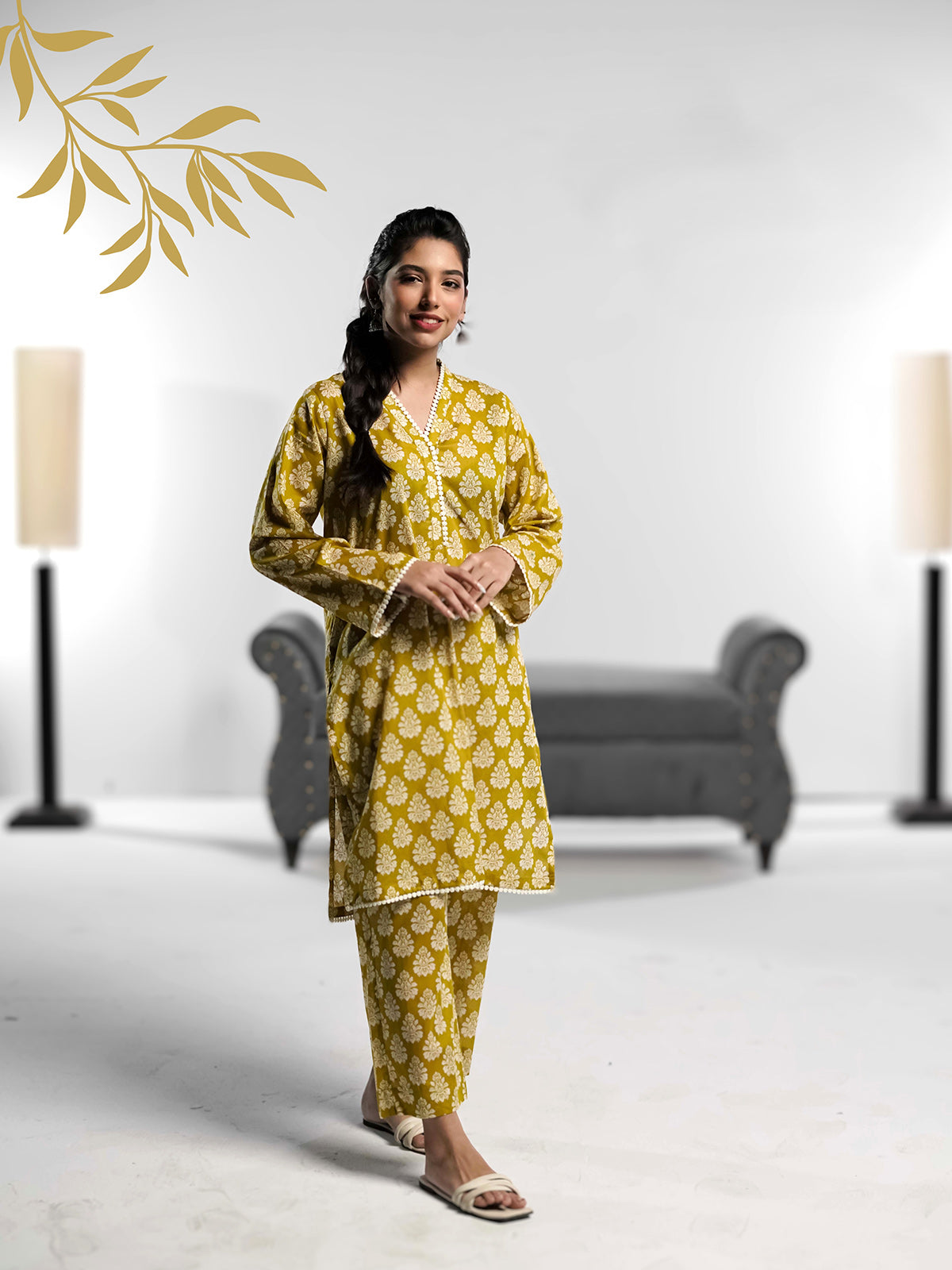 Ahlam Soft Cambric Stitched-Mustard co ord set Collection'2024