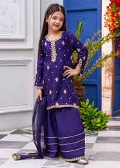 Meethi Eid By Modest Blue Rawsilk Embroidered 3 Piece Gharara