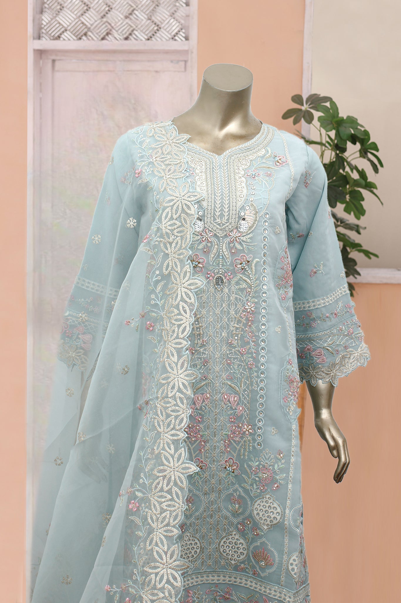 Gira By Bin Saeed Stitched 3 Piece Luxury Emb Chiffon Collection'2024-RTS-979-Sky Blue