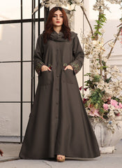 Hijab Ul Hareem Front Open Brown Zoom Embroidered Abaya  0118-K-752