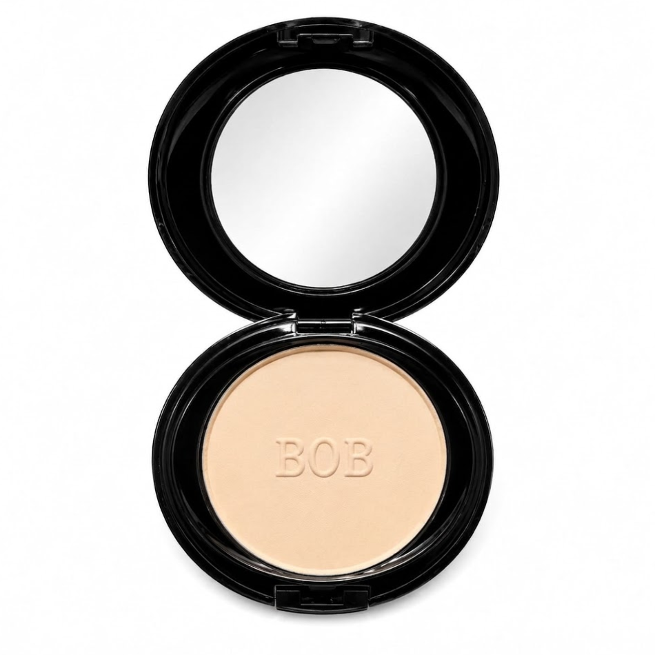 Infographic highlighting BOB Maxibell Compact Powder benefits including SPF 30 PA++, Vitamin E, and 24-hour oil control.