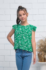 Sprinkles Stitched 1 Piece Summer Shirts Kids Collection'2025-Girls Green Ruffle Armhole Floral Print Top