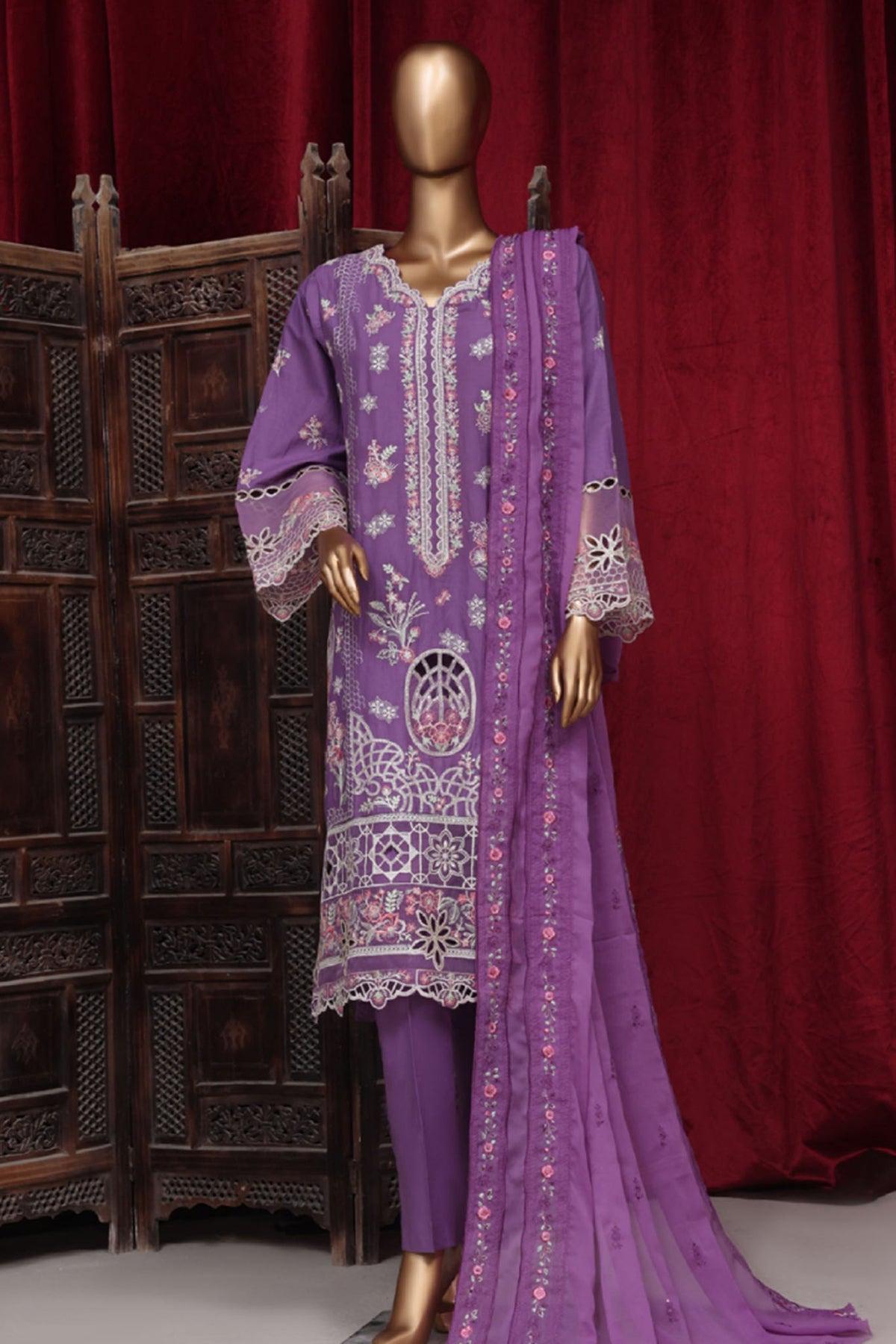 Bin Saeed Stitched 3 Piece Luxury Plain Emb Cotton Vol-03 Collection-LF-1799-Purple