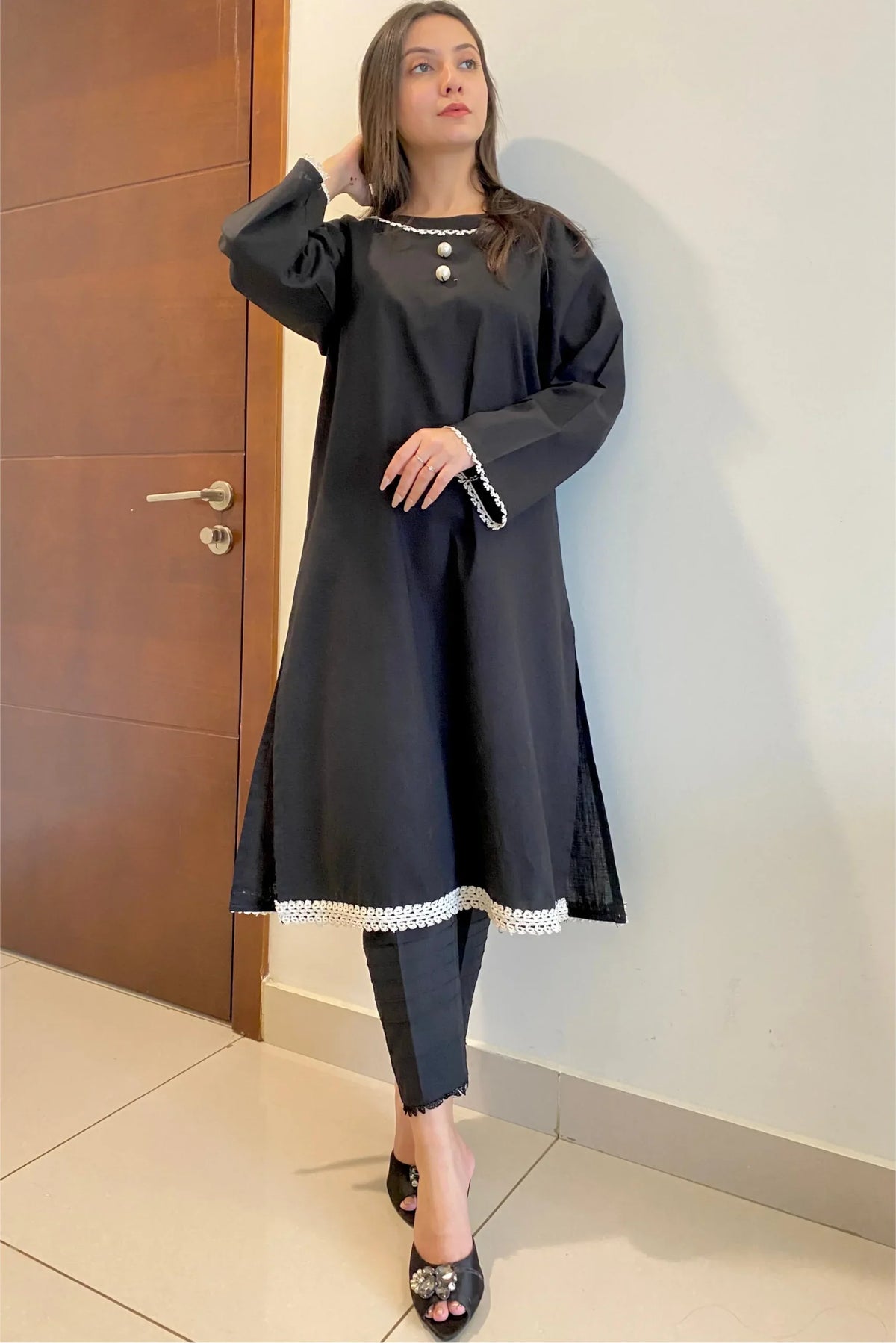 Urban Cut Elegant Jet Black Cotton Embellished Shirt 1 Piece