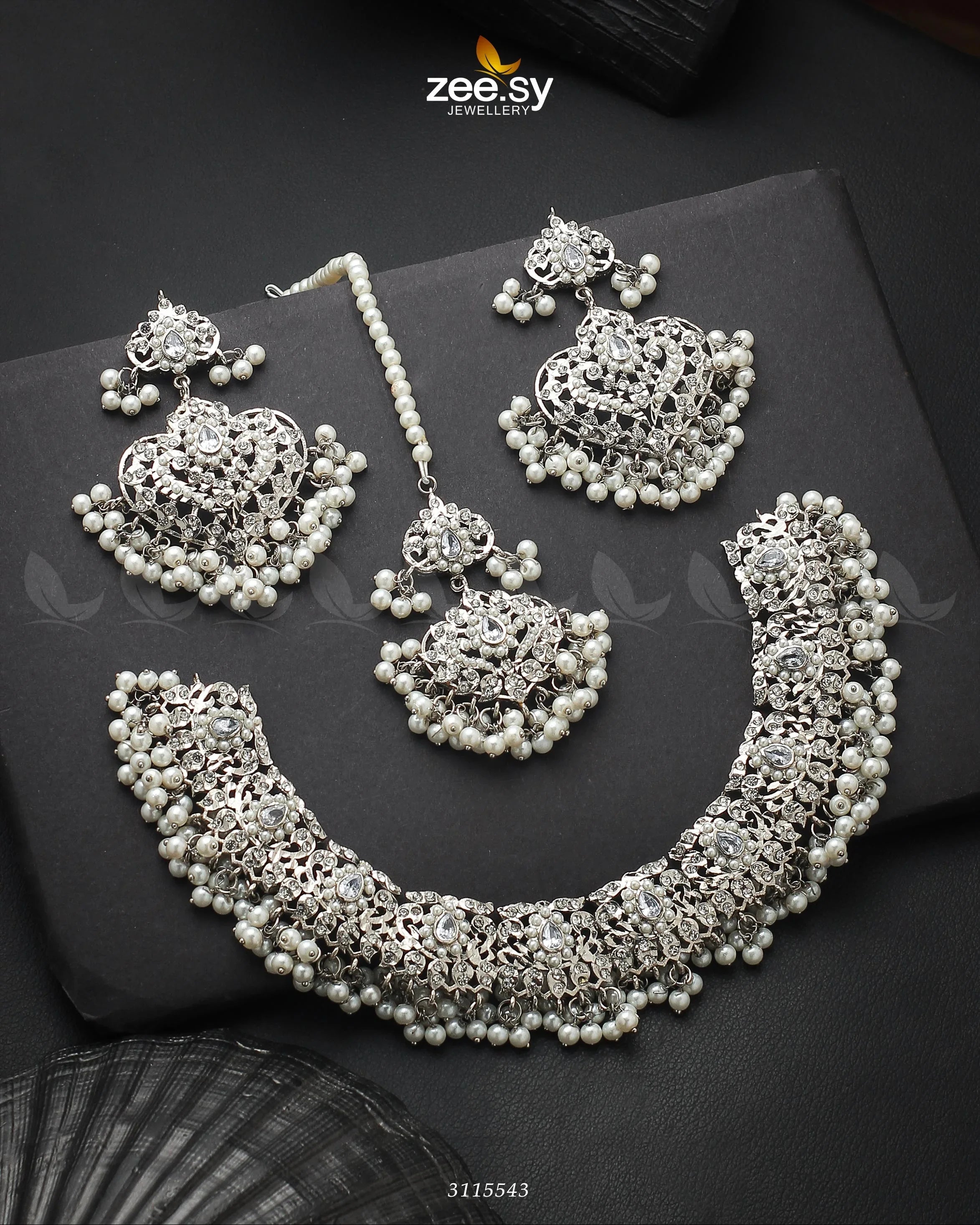 Gracious Necklace Set Silver Pearl - Zeesy Jewellery