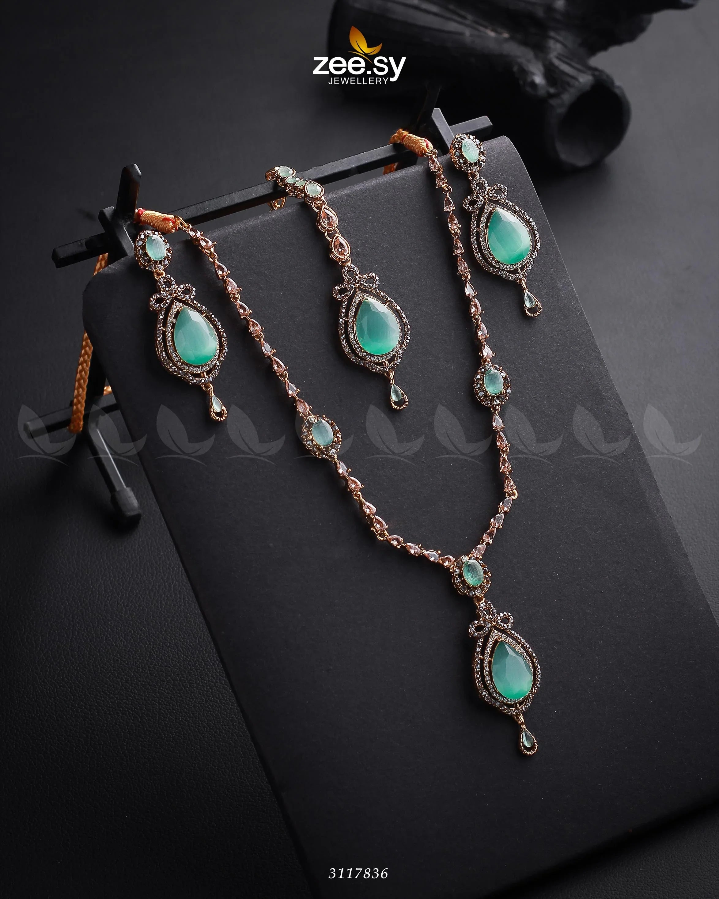 Syra Yousuf Necklace Set Golden Mint Green - Zeesy Jewellery