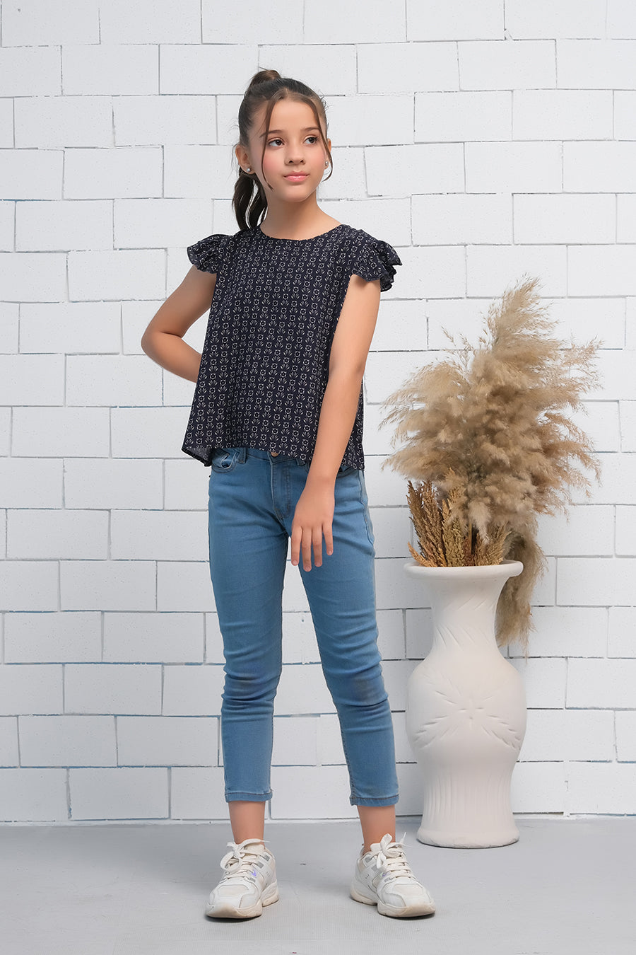 Sprinkles Stitched 1 Piece Summer Shirts Kids Collection'2025-Girls Black Ruffle Armhole Floral Pattern Print Top