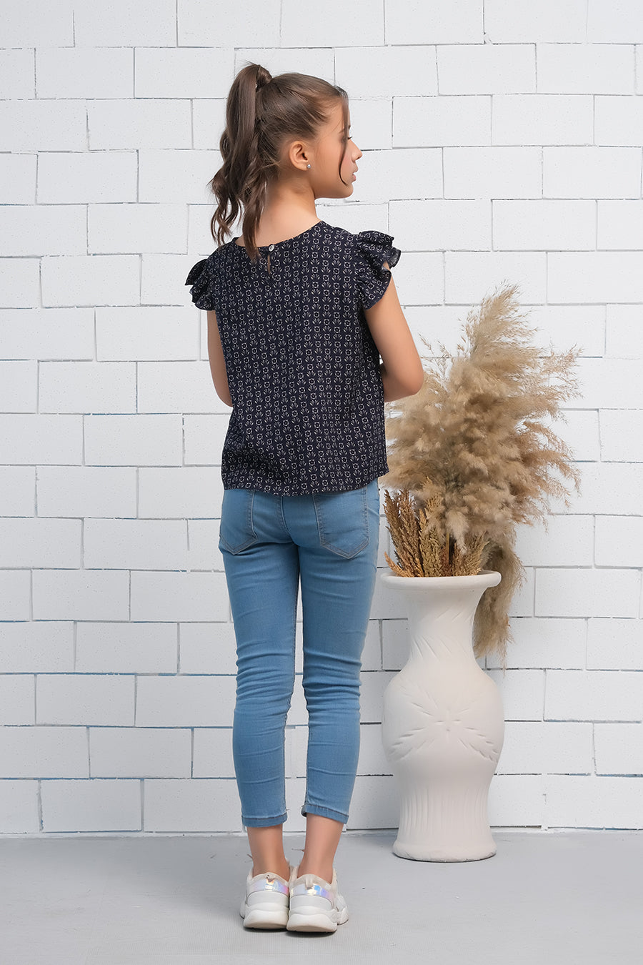 Sprinkles Stitched 1 Piece Summer Shirts Kids Collection'2025-Girls Black Ruffle Armhole Floral Pattern Print Top