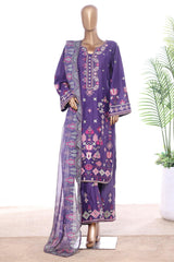 Bin Saeed Stitched 3 Piece Luxury Emb Lawn With Contrass Emb Shalwar & Bellbottom Suit-LF-3248-PURPLE