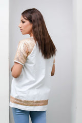 Sprinkles Stitched 1 Piece Summer Shirts Kids Collection'2025-White Top with Golden Sequence Pocket