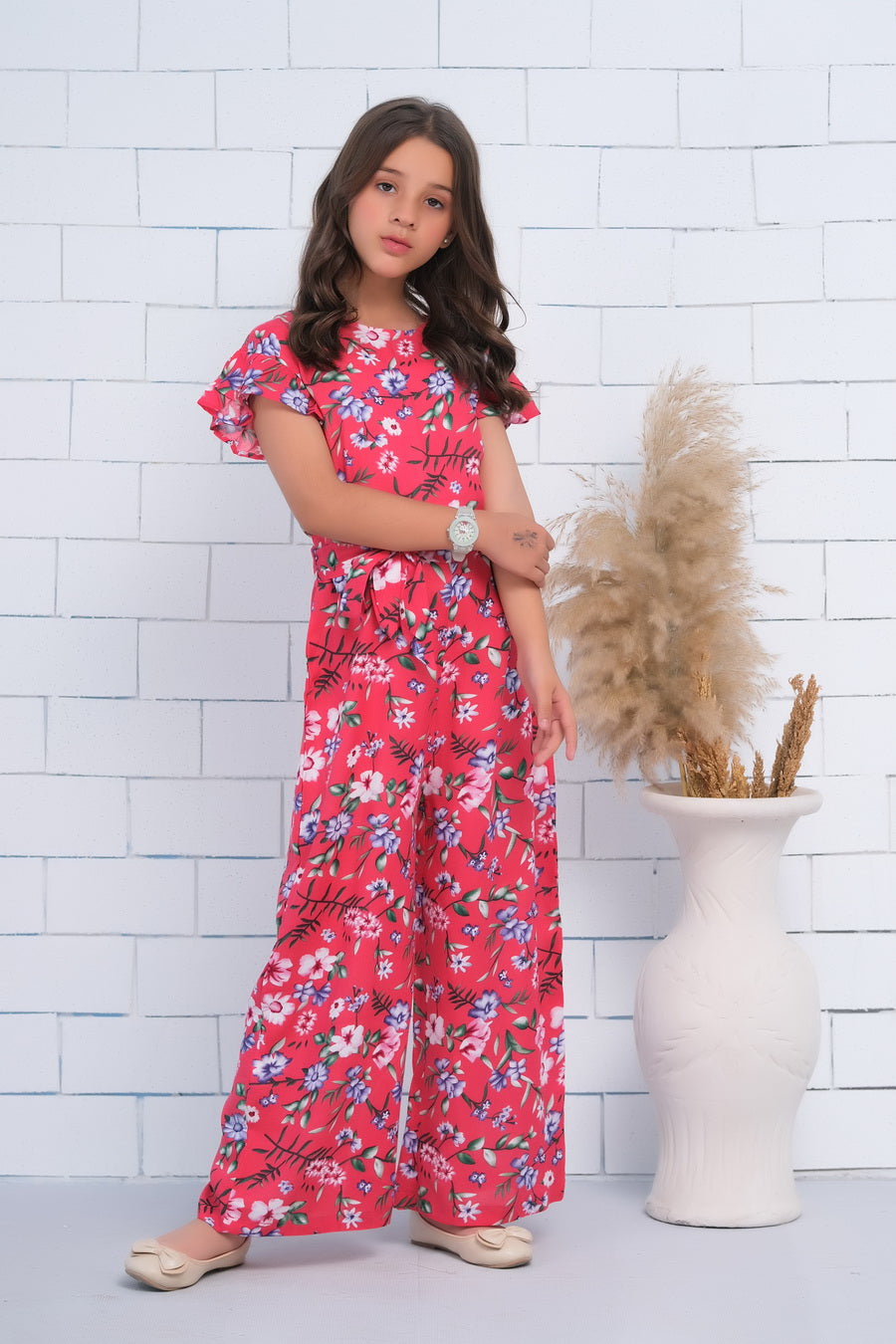 Sprinkles Stitched 1 Piece Summer Jumpsuit Kids Collection'2025-Pink Allover Floral Print Butterfly Sleeve Shirred Jumpsuit