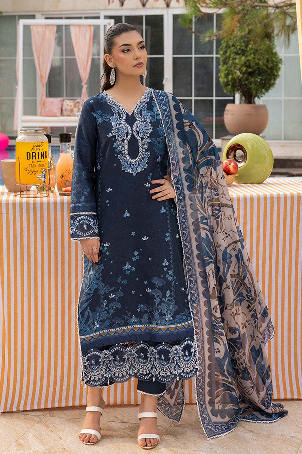 Mojito By Meeral Unstitched 3 Piece Lawn Collection'2025-Navy Blue - Blue Mirage