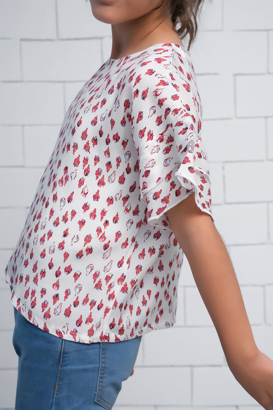 Sprinkles Stitched 1 Piece Summer Shirts Kids Collection'2025-Pink Allover Tulips Print Half  Sleeves Print Top