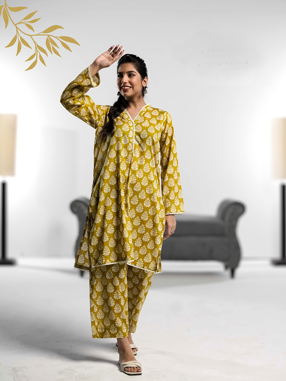 Ahlam Soft Cambric Stitched-Mustard co ord set Collection'2024