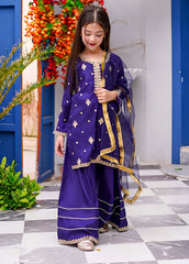 Meethi Eid By Modest Blue Rawsilk Embroidered 3 Piece Gharara