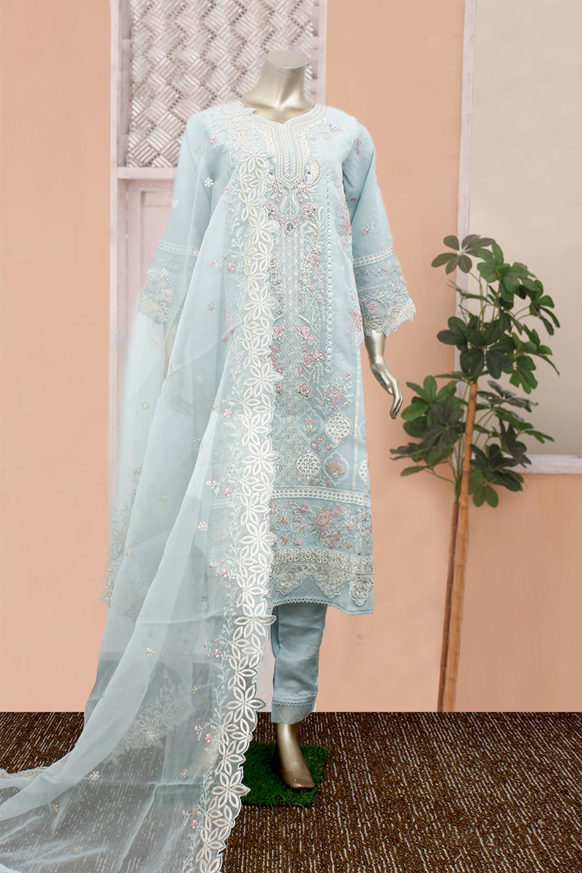 Gira By Bin Saeed Stitched 3 Piece Luxury Emb Chiffon Collection'2024-RTS-979-Sky Blue