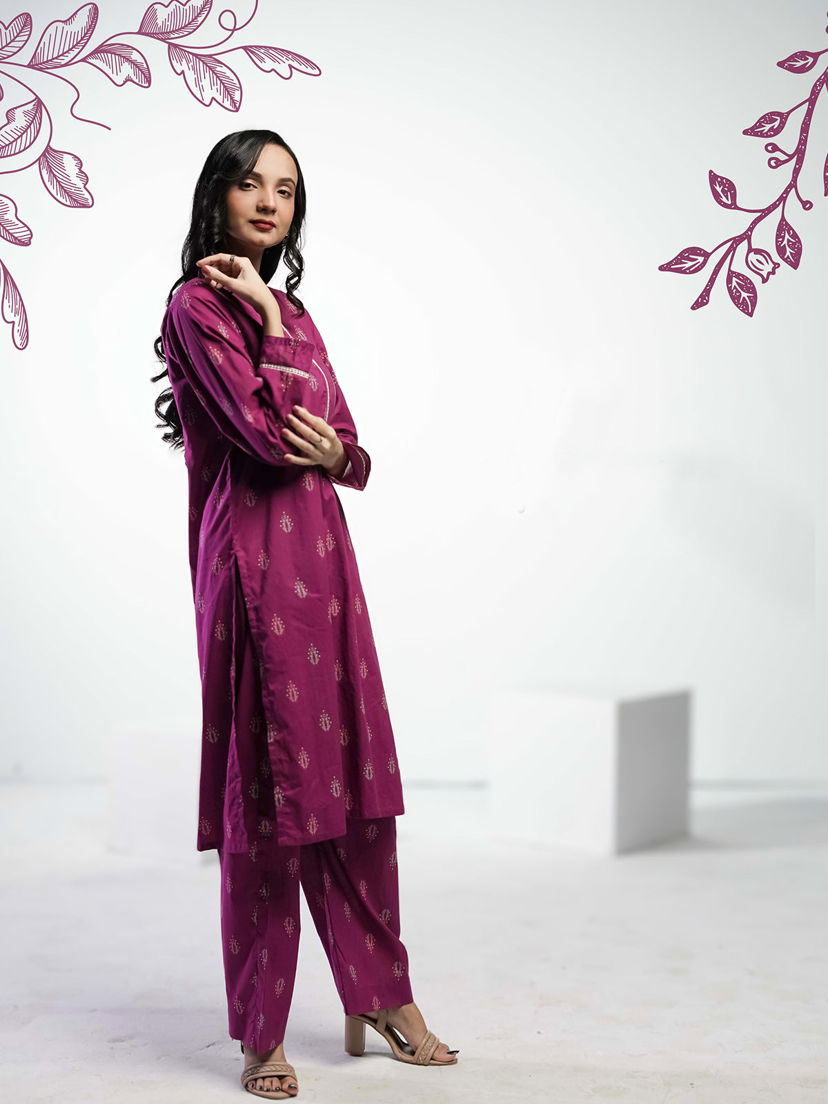 Ahlam Soft Cambric Stitched-Plum Elegence Co-ord set Collection'2024