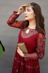 Esra Stitched 3 Piece Luxury Formals Collection-Maroon Chiffon - EMS-23-01