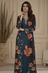 Brandlo PK Teal & Black Floral Printed Silk/Satin Three-Piece Ensemble YL-164