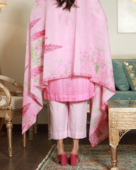 Whispered Grace Lawn Digital Print Unstitched Suit Set in delicate blush pink with soft floral design and lace-style borders, three-piece outfit for women.