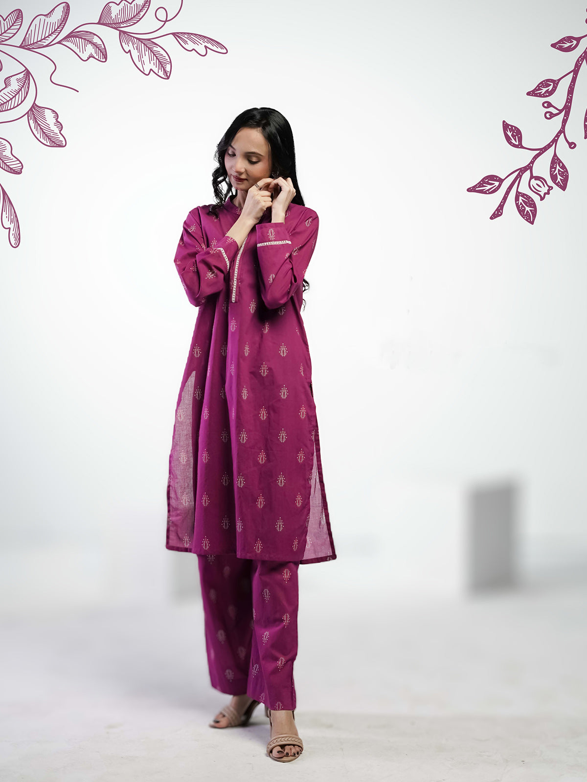 Ahlam Soft Cambric Stitched-Plum Elegence Co-ord set Collection'2024