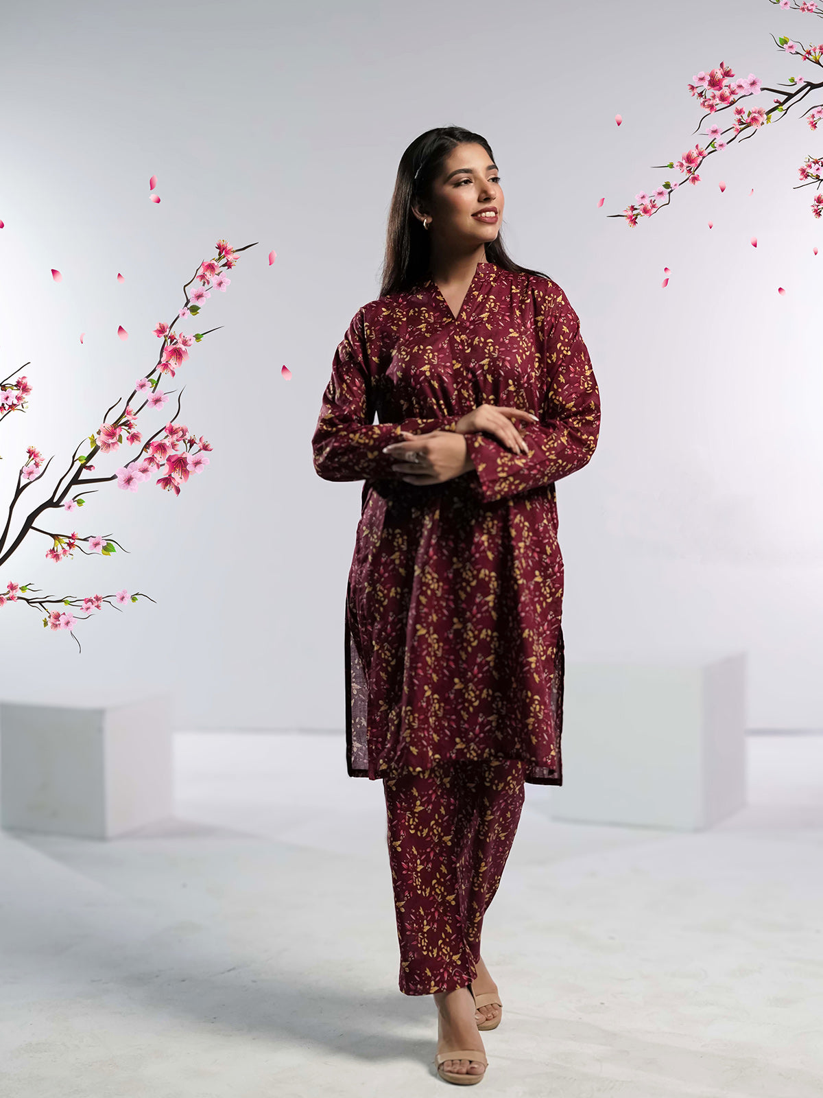 Ahlam Soft Cambric Stitched-Burgundy Co-Ord set Collection'2024