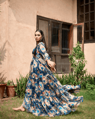 Hadar Official Stitched Formals 3D Portal Blue Maxi/Long Dress