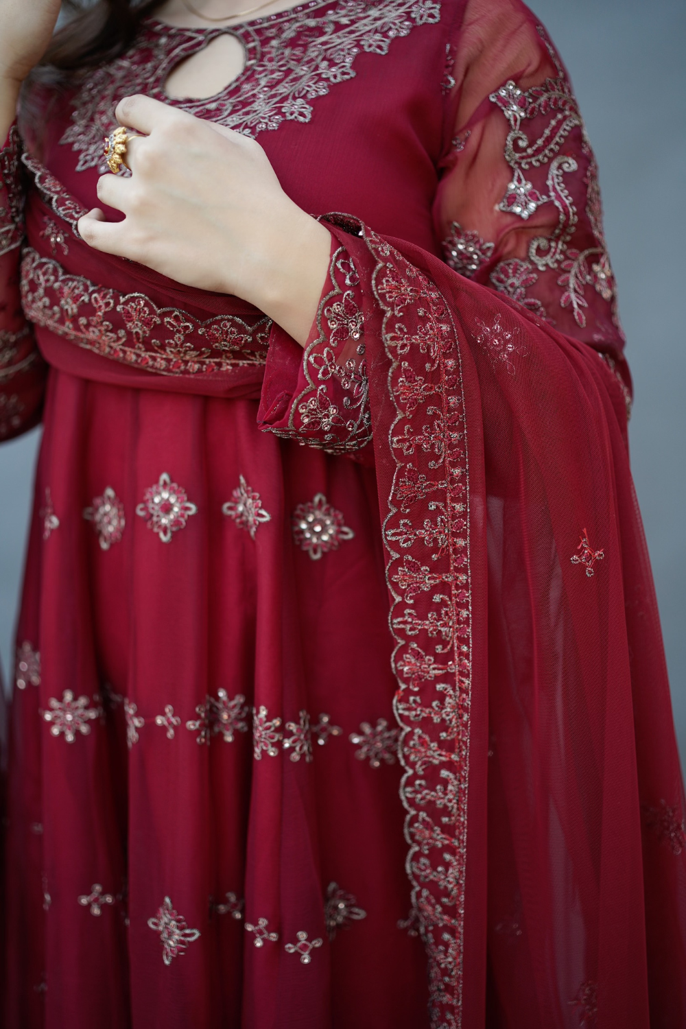 Esra Stitched 3 Piece Luxury Formals Collection-Maroon Chiffon - EMS-23-01