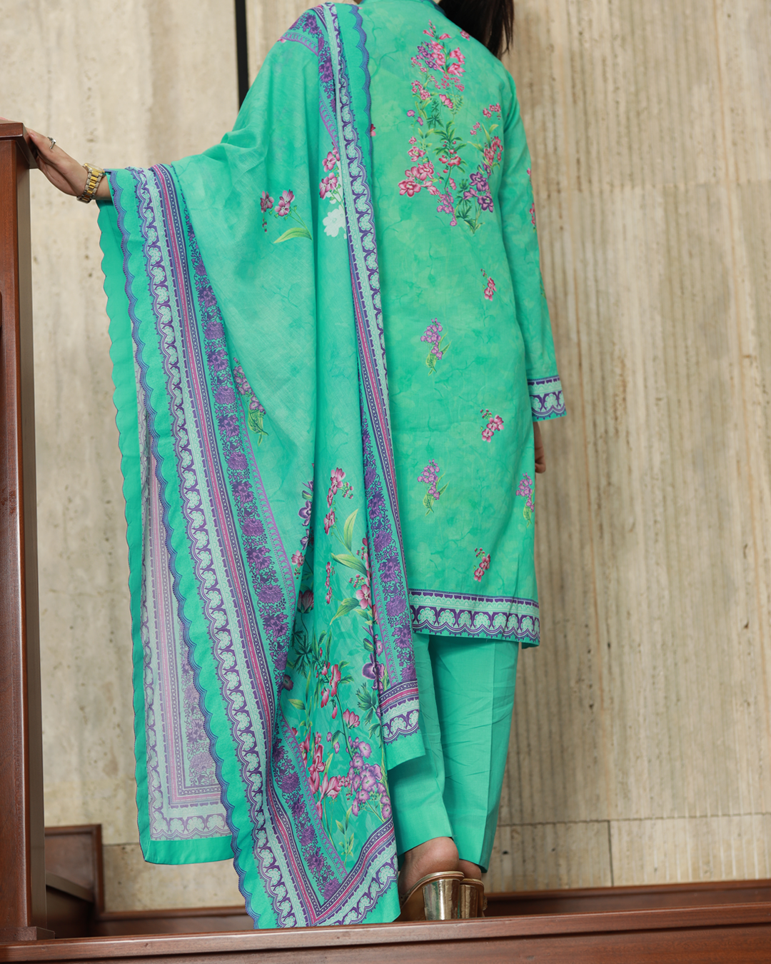 Petal And Sunshine Lawn Digital Print Unstitched Suit Set in sea green with vibrant floral pattern and decorative borders, three-piece outfit for women.