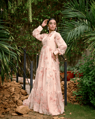 Hadar Official Stitched Formals 3D Pink Rose Maxi/Long Dress