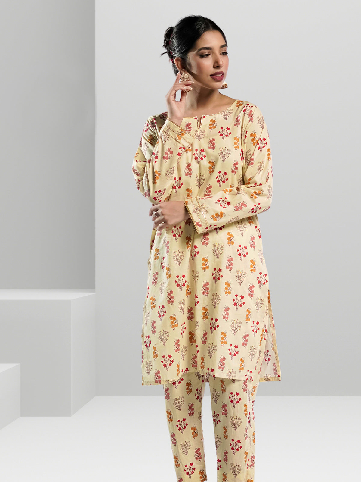 Ahlam Soft Cambric Stitched-Beige co ord set Collection'2024