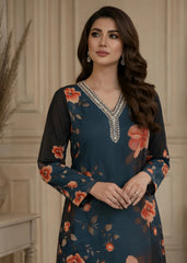 Brandlo PK Teal & Black Floral Printed Silk/Satin Three-Piece Ensemble YL-164