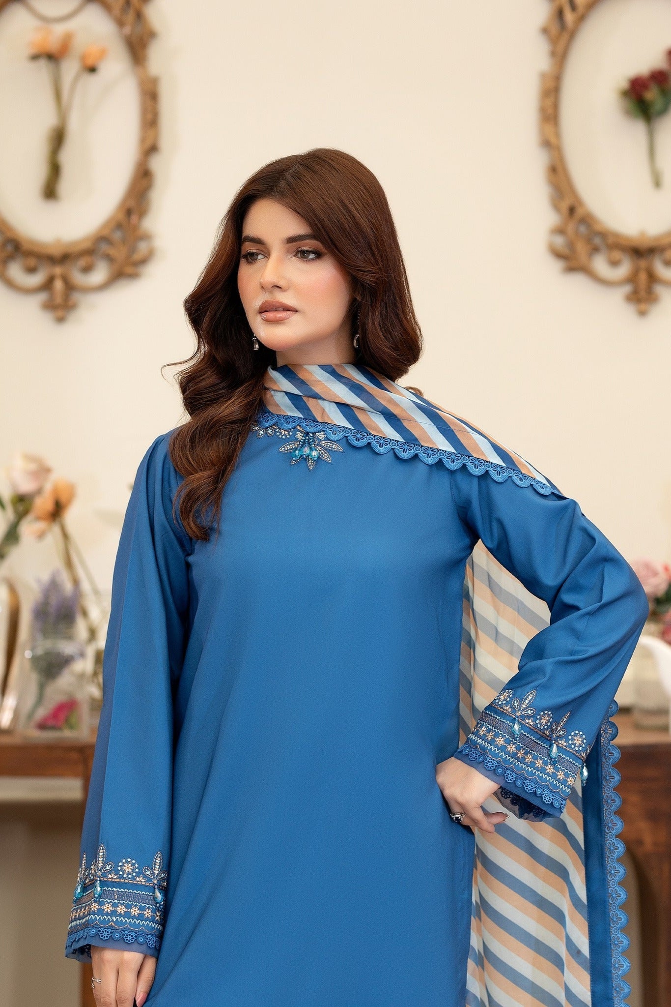 Summer Scent By Nine Needles Stitched 3 Piece Summer Collection'2025-Blue Orchid-NP-08