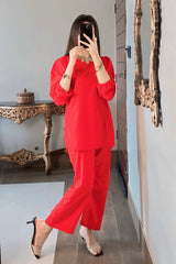 Amna Ali Nawaz Co Ords Stitched Suit-(Red)