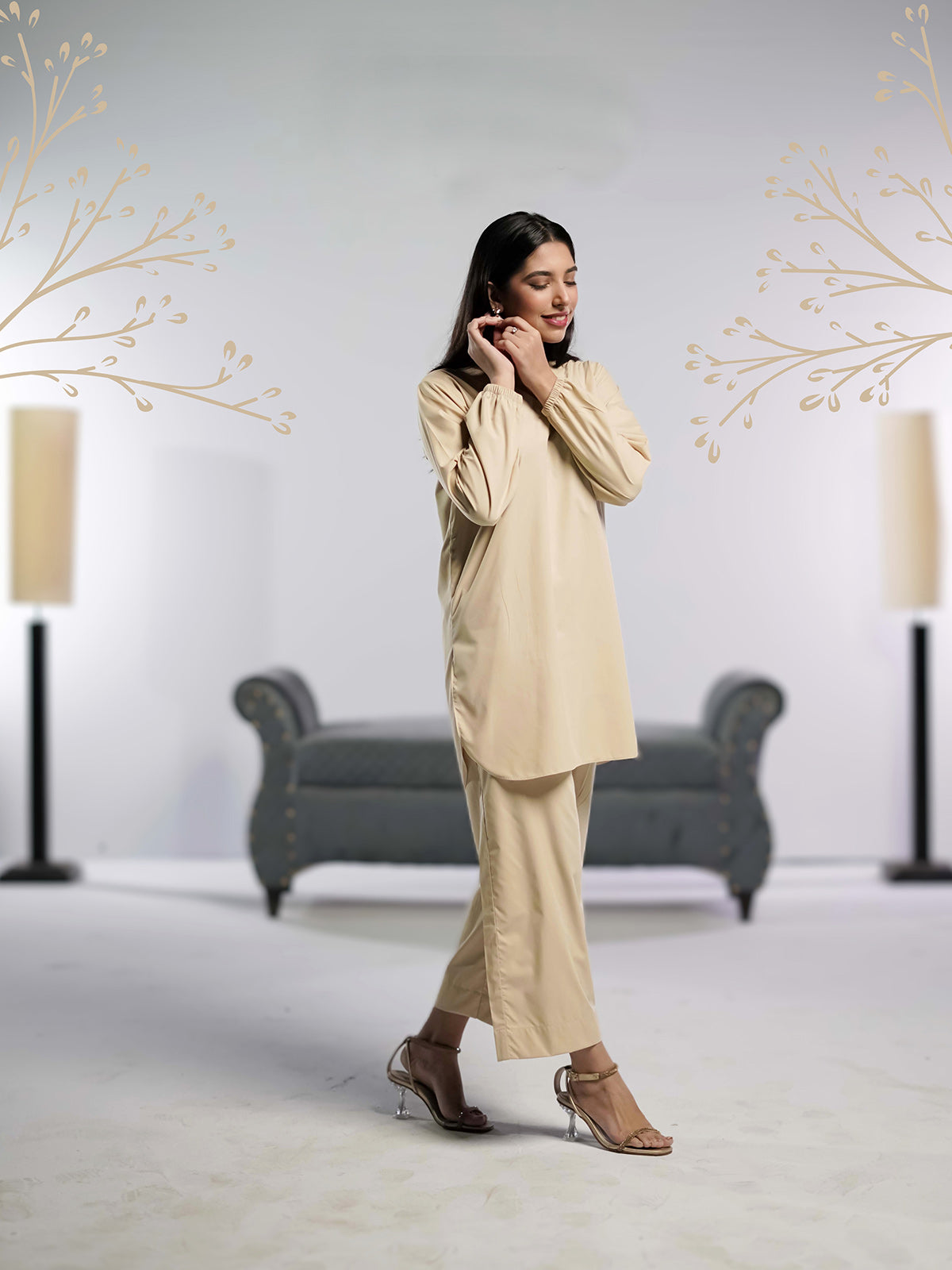 Ahlam Stitched - 2 piece Shirt & Trouser Beige Bliss Collection'2024