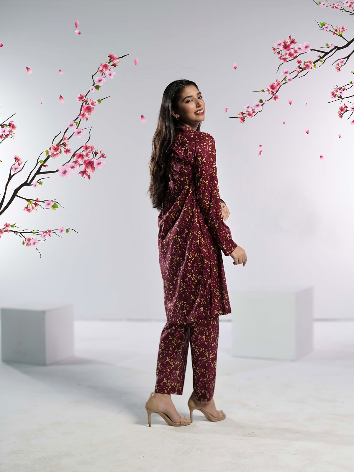 Ahlam Soft Cambric Stitched-Burgundy Co-Ord set Collection'2024