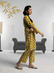 Ahlam Soft Cambric Stitched-Mustard co ord set Collection'2024