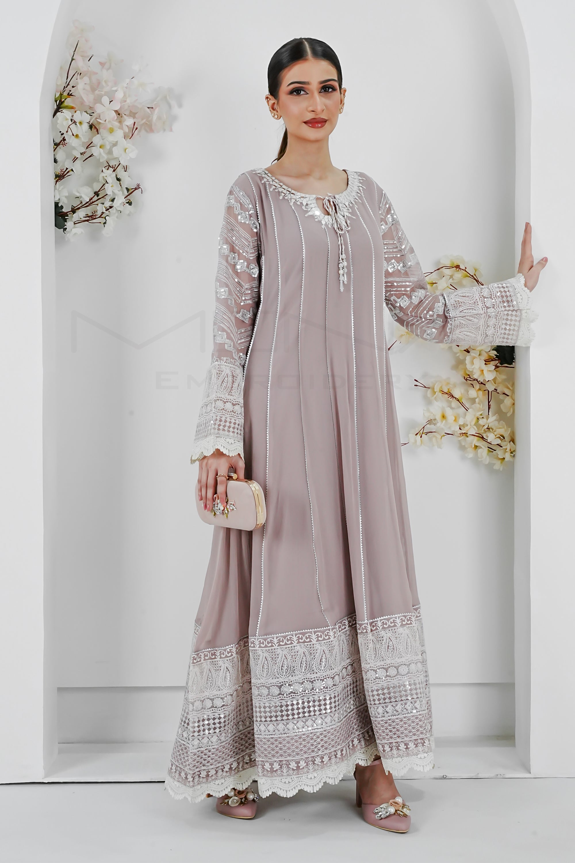 Manahils Stitched Formals Kurti 121-Crimson Glow- Lilac