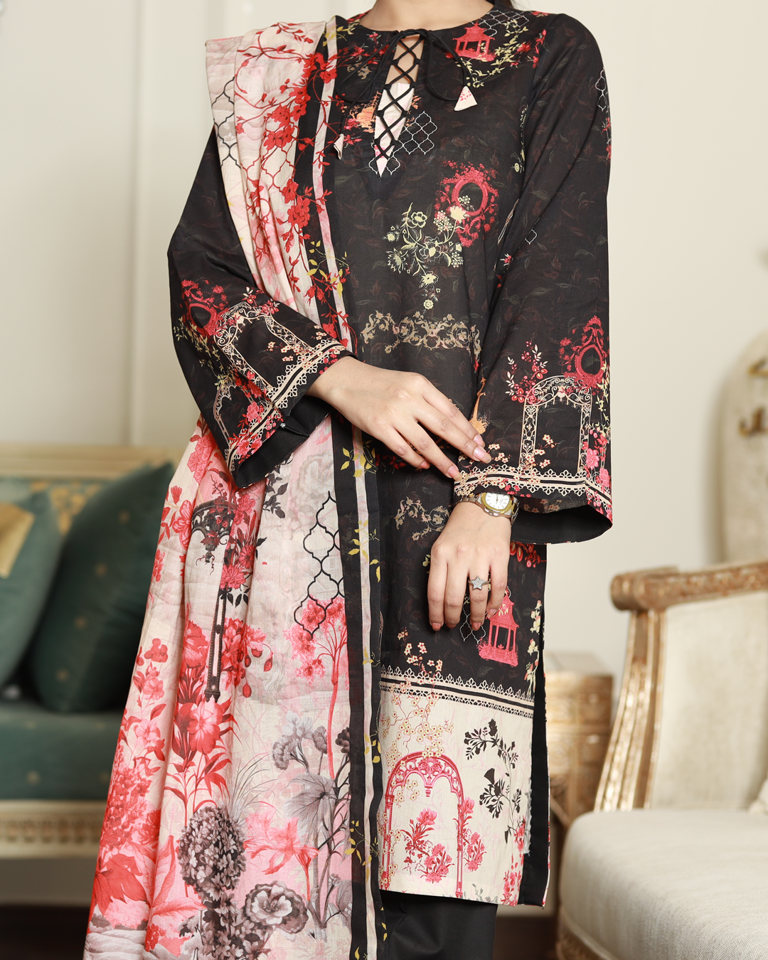 Midnight Elegance Lawn Digital Print Unstitched Suit Set in black with bold cream motifs, three-piece lightweight lawn fabric ethnic outfit for women.