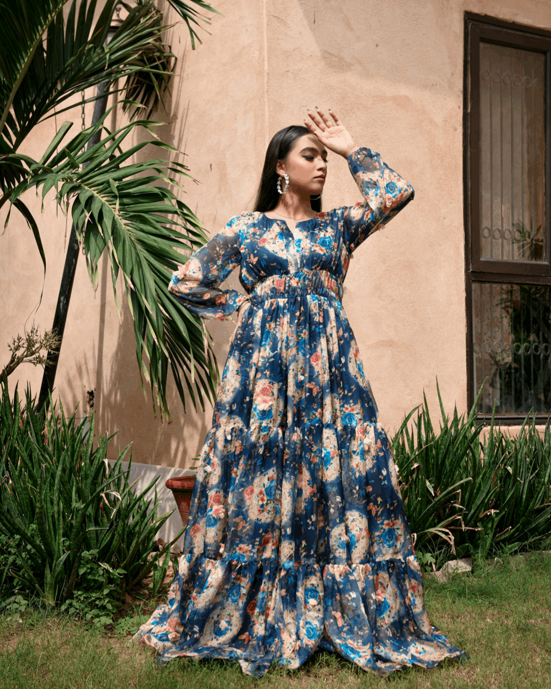 Hadar Official Stitched Formals 3D Portal Blue Maxi/Long Dress