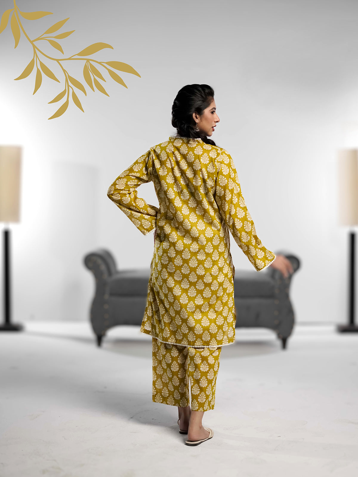 Ahlam Soft Cambric Stitched-Mustard co ord set Collection'2024