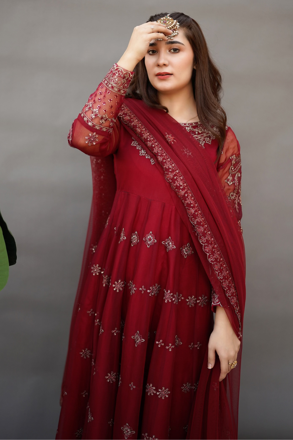 Esra Stitched 3 Piece Luxury Formals Collection-Maroon Chiffon - EMS-23-01