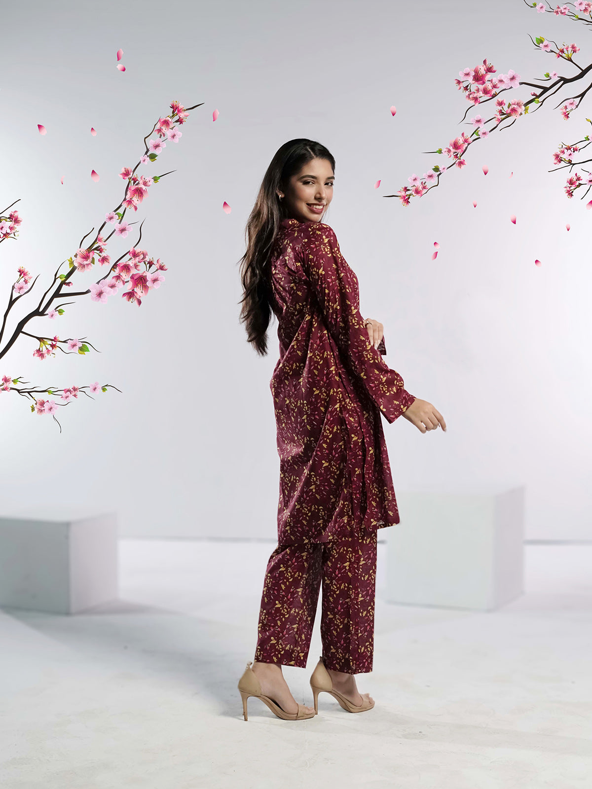 Ahlam Soft Cambric Stitched-Burgundy Co-Ord set Collection'2024