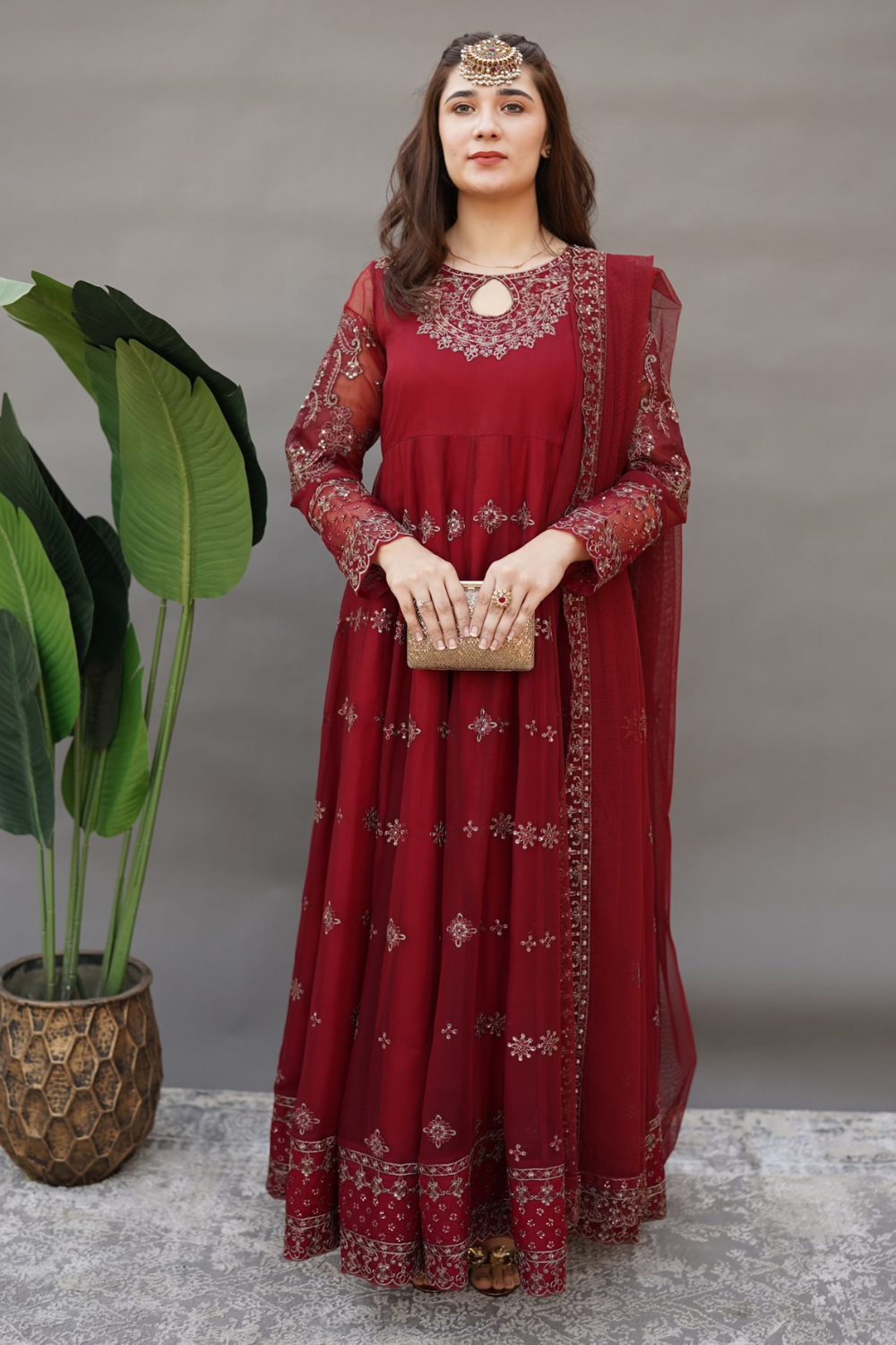 Esra Stitched 3 Piece Luxury Formals Collection-Maroon Chiffon - EMS-23-01