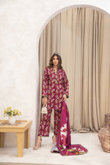 Meerak 3 Piece Emb Khaddar Suit-Crimson Bloom