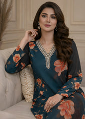Brandlo PK Teal & Black Floral Printed Silk/Satin Three-Piece Ensemble YL-164